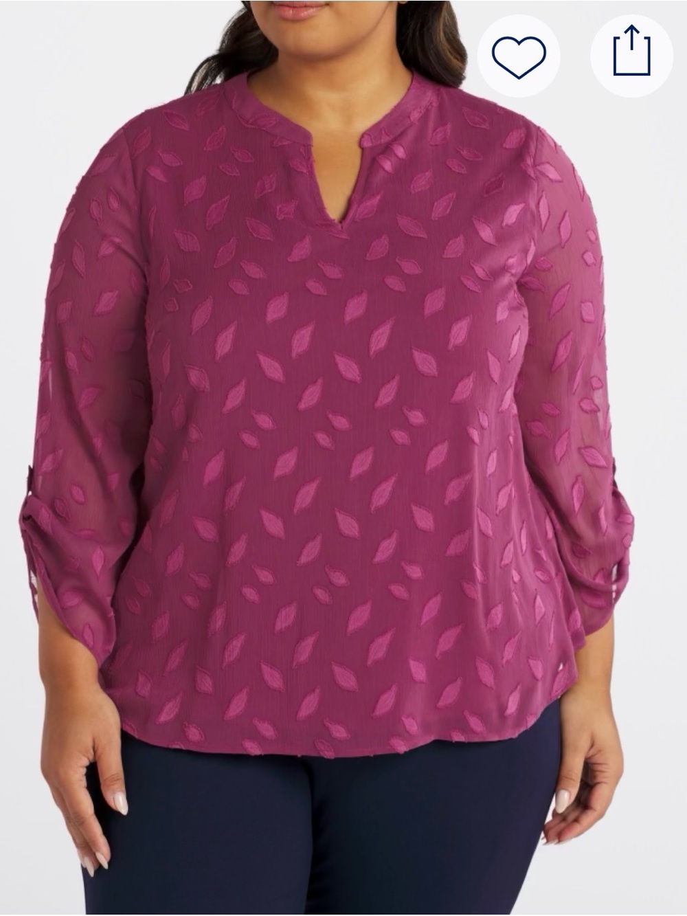 Plus-Size Textured Split-Neck Chiffon Blouse in Raspberry